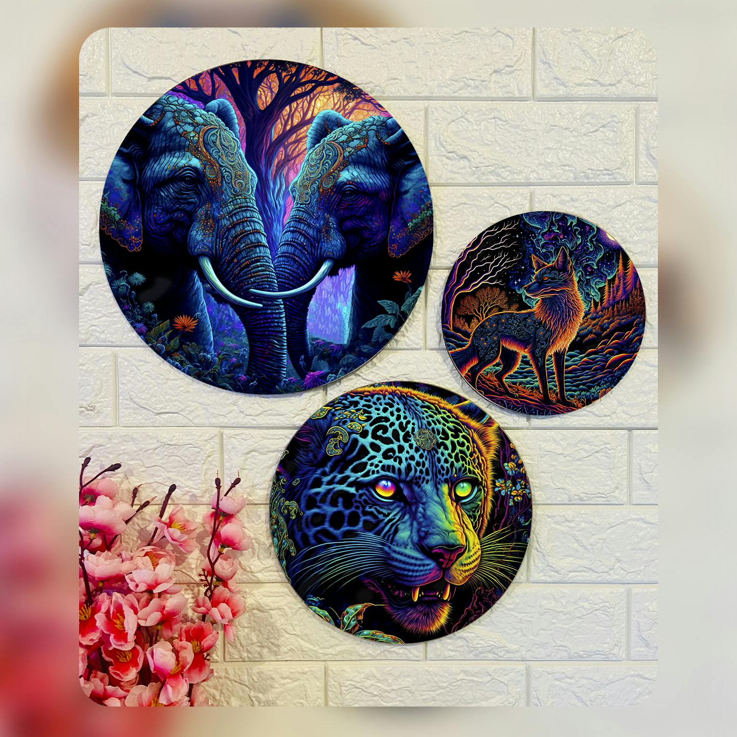 Wooden Plate with Elephant, Tiger, and Fox Design